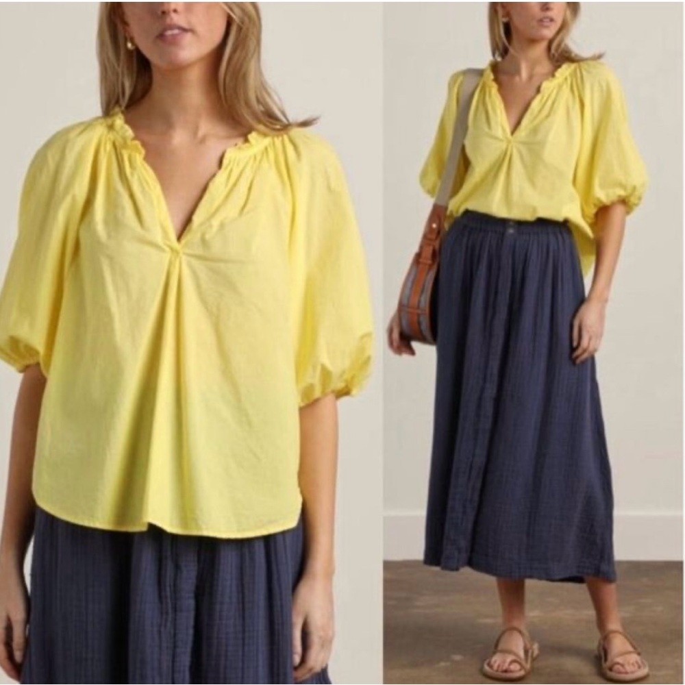 XiRENA Yellow Puff-Sleeve Cotton Peasant Top